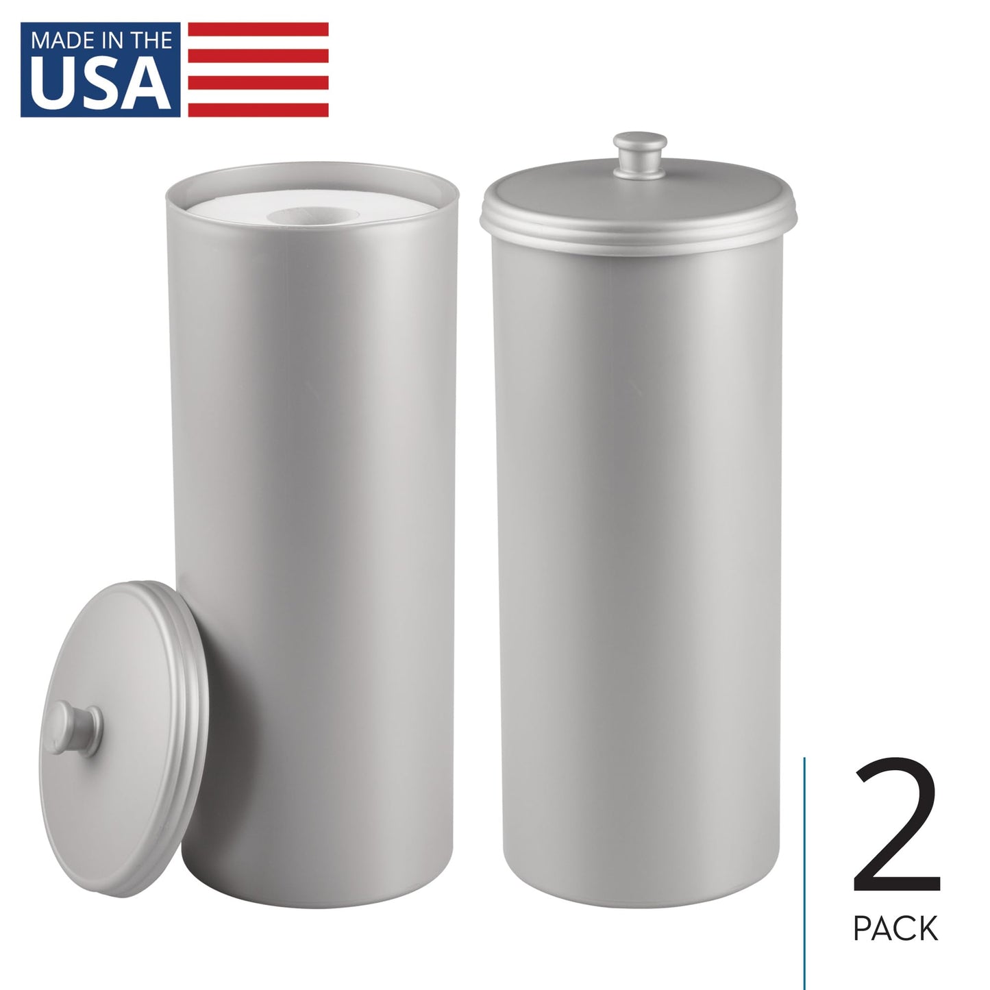 iDesign Freestanding Bathroom Toilet Paper Storage Holder with Lid for 3 Extra Rolls, 2-Pack, Silver