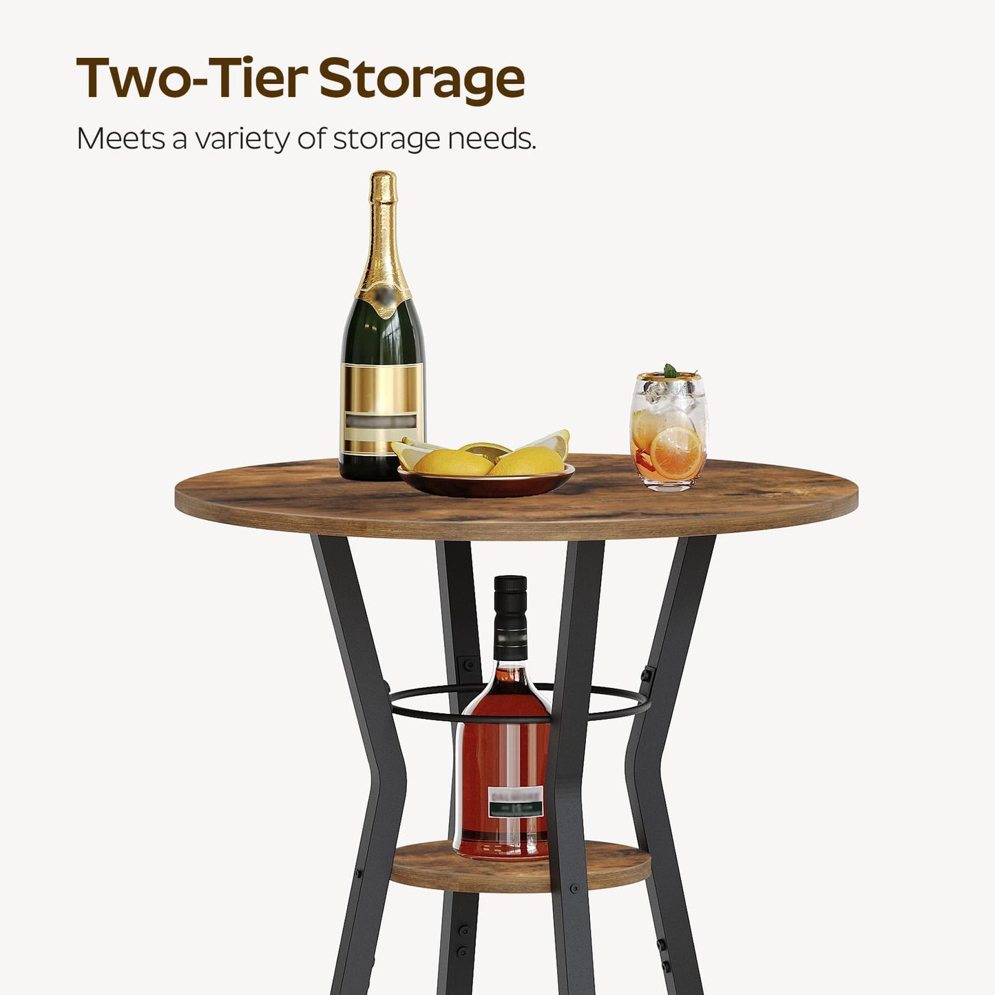 YATINEY Bar Table, 2-Tier Round High Top Table, Pub Table, Home Bar Counter Height Tables, Bistro Tables, for Kitchen, Living Room, Meeting Room, Pub, Rustic Brown and Black BT03BR