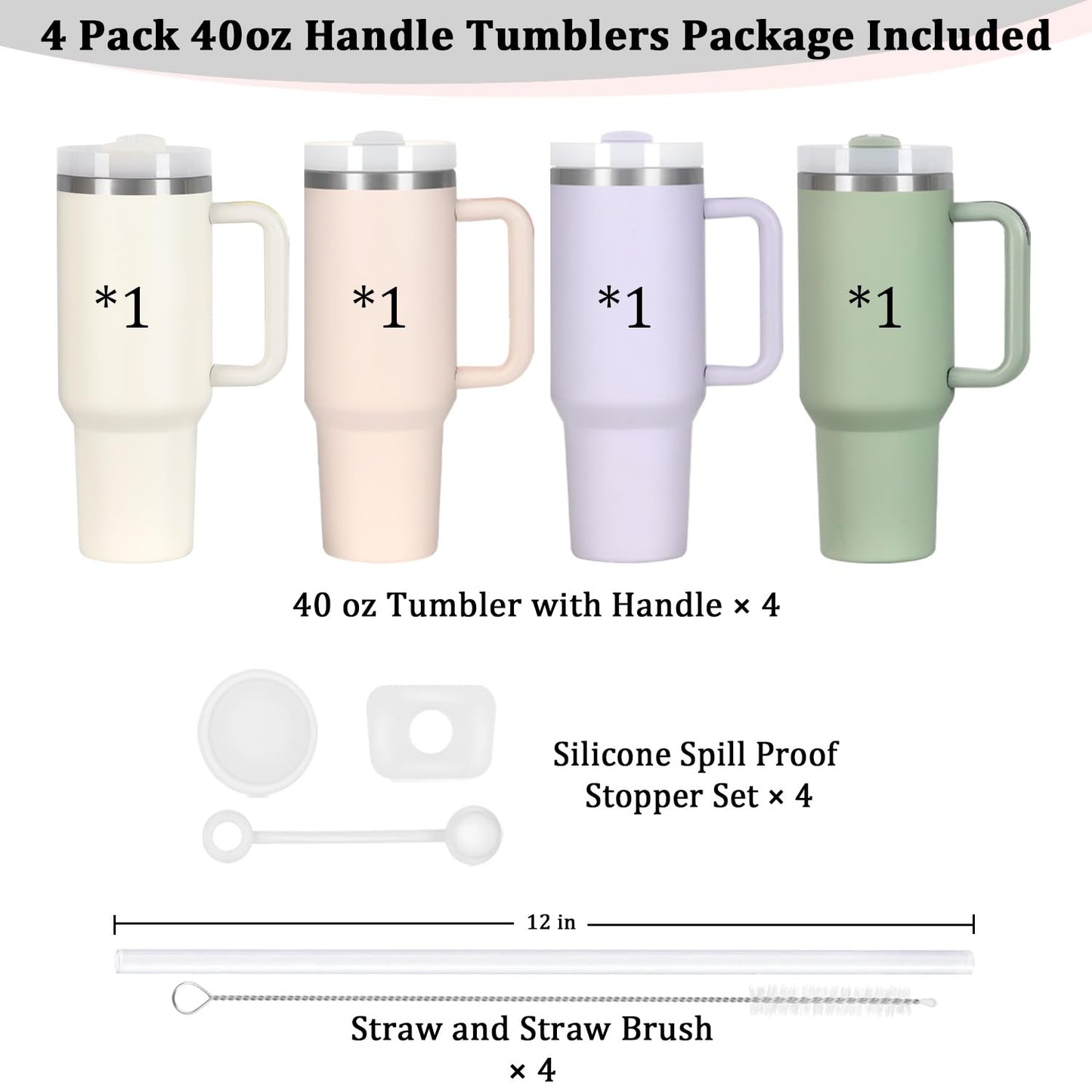 4 Pack 40 Oz Tumbler with Handle Bulk, Double Wall Vacuum Insulated Stainless Steel Tumbler with Lid and Straw, 40 oz cup with Silicone Spill Proof Stopper Set (Cream,Purple,Dark Green,Rose Quartz)