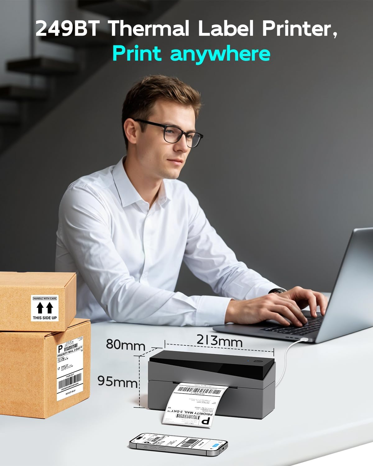 Omezizy Bluetooth Shipping Label Printer 4x6, 249BT Thermal Label Printer 4x6 for Small Business, Shipping Packages, Office, Home, Compatible with Android iPhone iPad Windows macOS Tiktok USPS Etsy