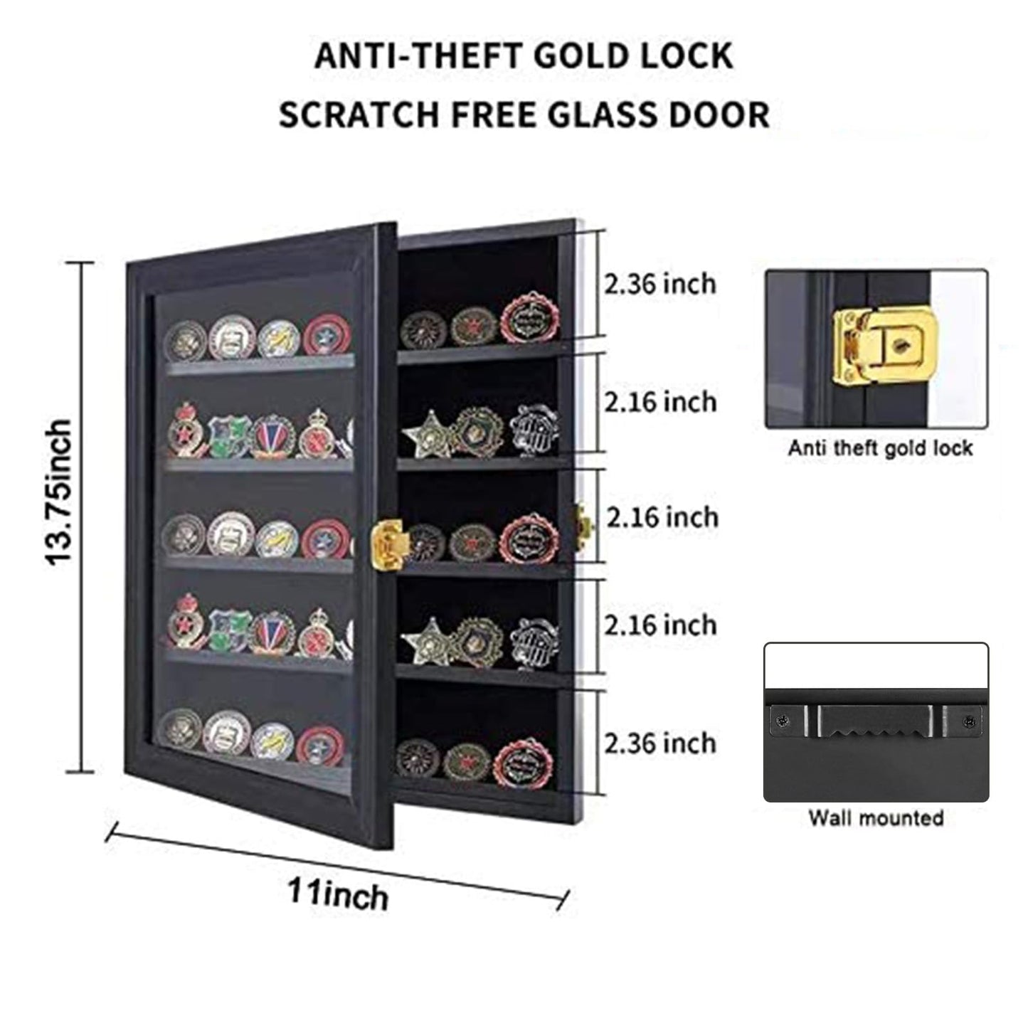 Jinchuan Military Challenge Coin Display Case Lockable Cabinet Rack Holder Shadow Box with Removable 2 Grooves Shelves and Anti Dust Door for Casino Poker Chips Collectibles, Small - Black