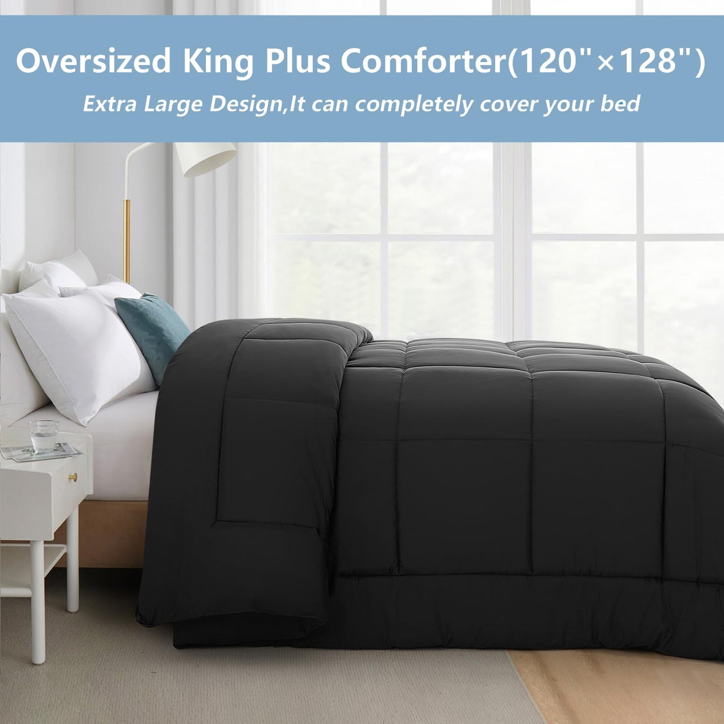 KELTARO Oversized King Plus Comforter 128''x120'' - Extra Large Cooling All Seasons Down Alternative Lightweight Quilted Duvet Insert with Corner Tabs - Dark Grey