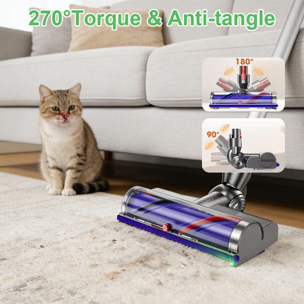 Head Replacement for Dy-son V7/V8/V11/V10/V15 with LED Headlights & 270°Torque & Anti-tangle & Direct Drive Motor Roller Brush Quick-Release Replacement Parts for Hardwood Floor and Carpet