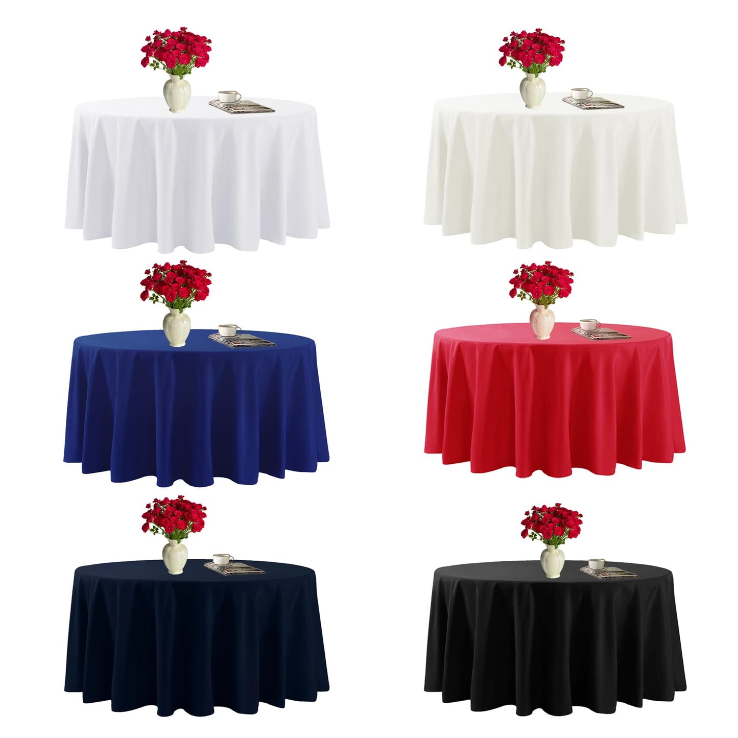 Fokitut 6 Pack Round Tablecloth, 120 Inch, Stain Resistant and Wrinkle Polyester Table Cloth, Fabric Table Cover for Kitchen Dining, Wedding, Party, Holiday Dinner-White
