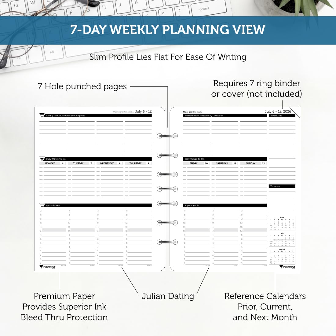 Planner Pad 7 Hole Loose Leaf July 2026 – June 2027 / Academic Year 6 3/4" x 8 1/2" 3-Tier Funnel Down 12 Month Medium Size Organizer, Black Ink