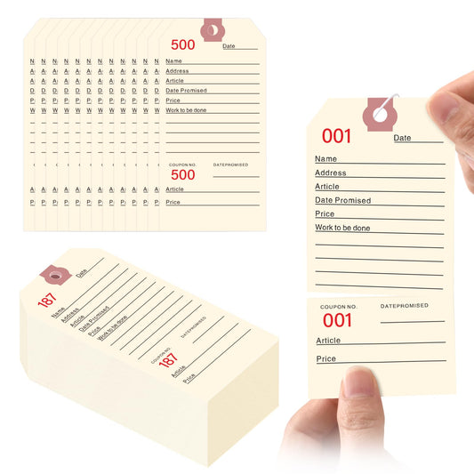 500 PCS Manila Repair Tags with Nylon Strings,1-500，Heavy-Duty Numbered Service Tags Bulk 5.25 x 2.63 Inch for Repair Shops, Jewelry, Garment, and Retail Use