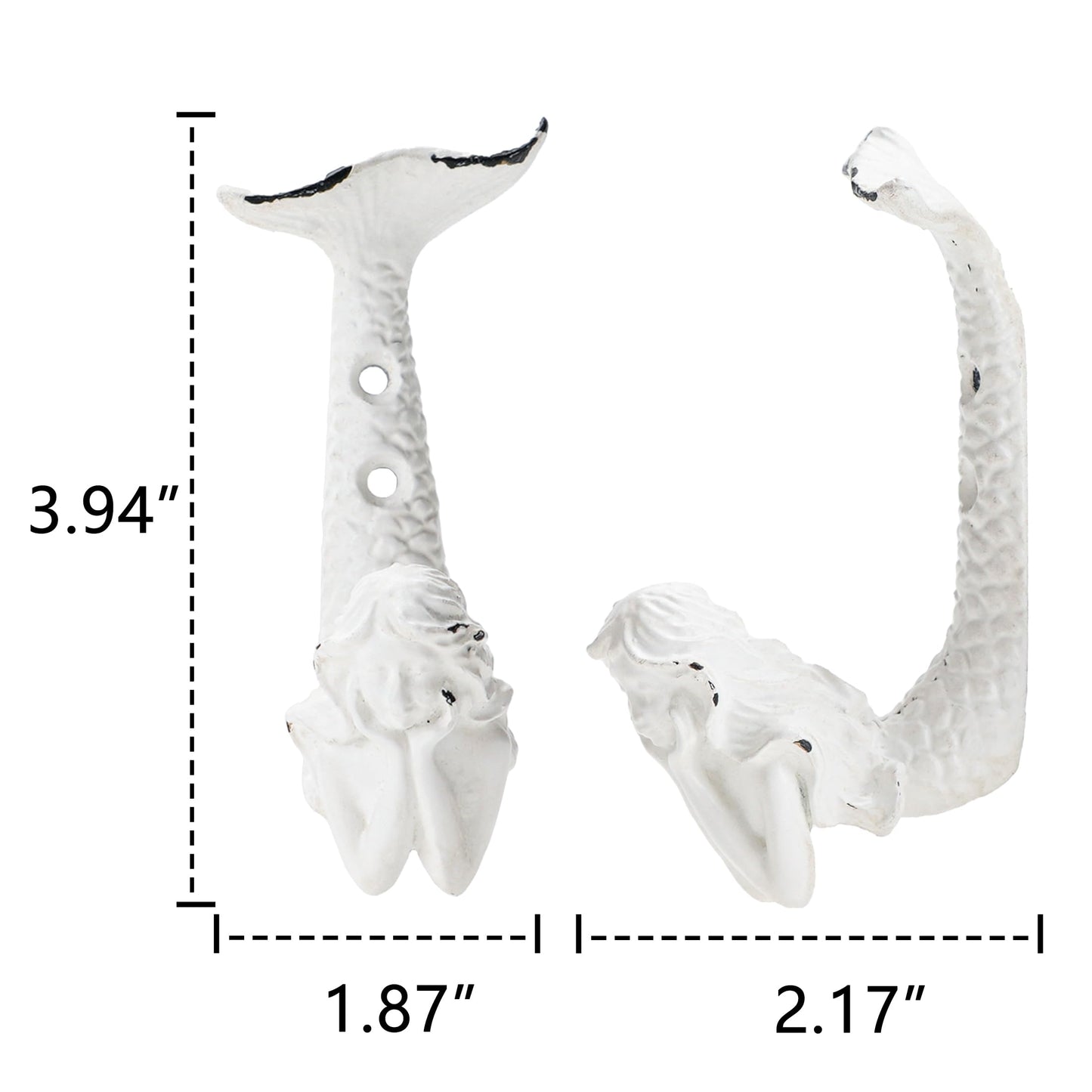 SOFFEE DESIGN 4pcs White Mermaid Shape Metal Coat Hooks, Playful Mermaid Design, Retro Friction Process, High Load-Bearing, for Vocation House, Seaside Cottages, Bathroom, Living Room