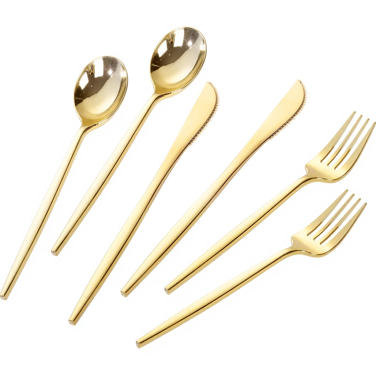 PULOTE 300PCS Gold Plastic Silverware Set Disposable - Heavy Duty Gold Utensils Set - Plastic Cutlery Disposable - Include 100 Knives, 100 Forks, 100 Spoons for Party & Wedding
