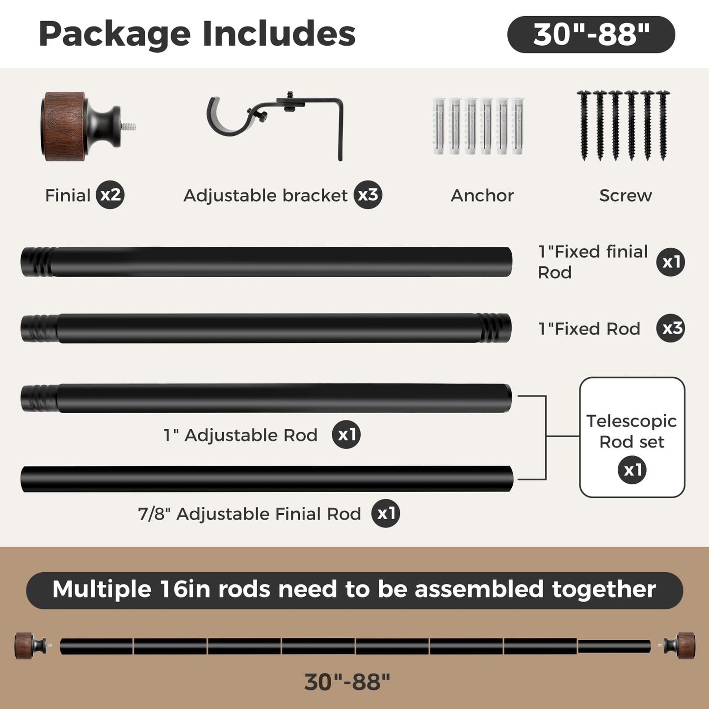 MARHSIPE Wood Curtain Rods for Windows 48 to 84 Inch, 1” Diameter Drapery Rod with Imitation Wood Grain Finials, Adjustable Heavy Duty Curtain Rod Set, Indoor/Outdoor Modern Curtains Rods