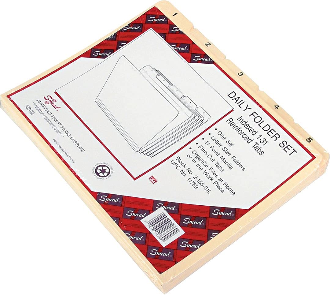 Smead Indexed File Folders, 1/5-Cut Tab, Assorted Positions, Indexed, Letter Size, Manila (1-31)
