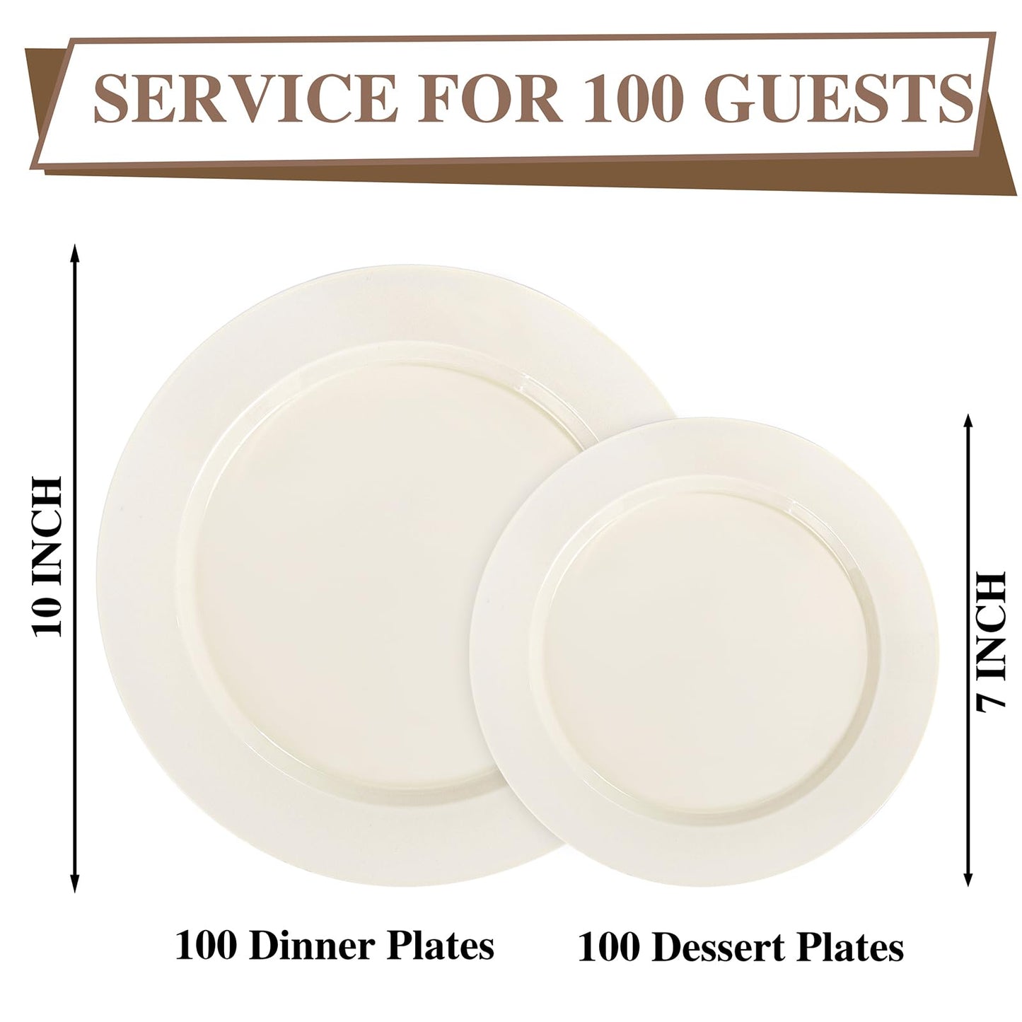 I00000 200 Pcs Ivory Plastic Plates, Disposable Party Plates Include 100 Ivory Dinner Plate 10’’ and 100 Plastic Dessert Plate 7’’ Perfect for Birthday, Party & Wedding