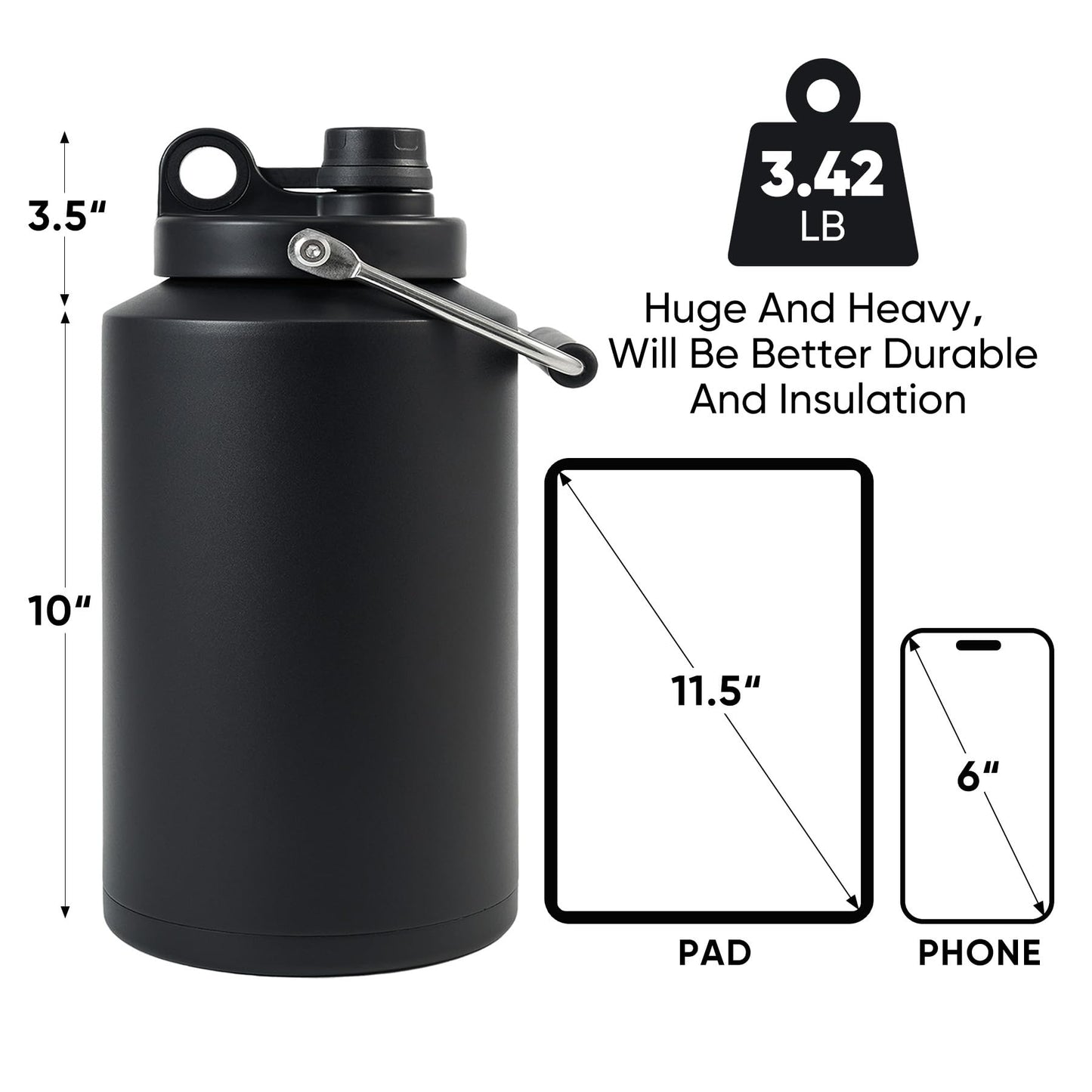 Kerilyn Insulated Gallon Jug with Handle, One Gallon, 128oz Stainless Steel, Large Double Vacuum Water Bottle for Hot & Cold Drinks, Wide Mouth, Sweat Proof, Great for Travel, Camping, Black