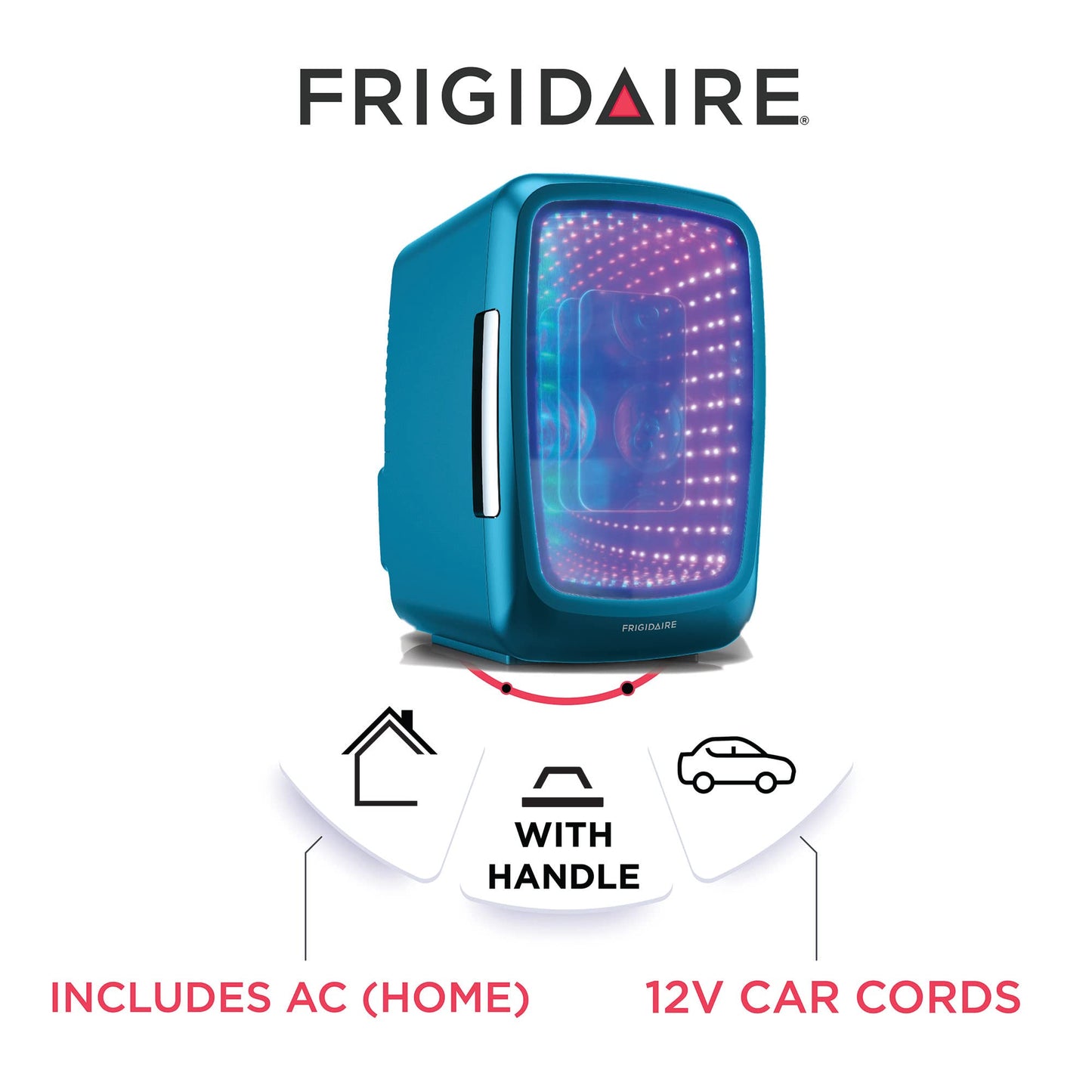 Frigidaire Gaming Light Up Mini Beverage Refrigerator, 6 can, 4 liters, Cooler with large see through door and LED lights Perfect for Gaming Experience, Home, Office, or Cars.12V Charger (Blue)