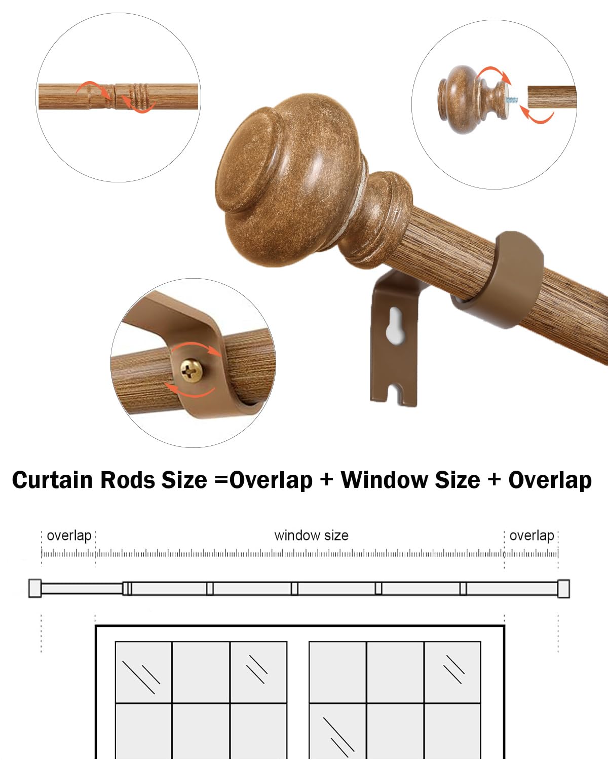 Wood Curtain Rods for Windows 48 to 84 Inch, 1 Inch Heavy Duty Curtain Rods with Imitation Wood Grain Finials, Boho Adjustable Drapery Rod, Decorative Farmhouse Rustic Single Window Curtains Rod