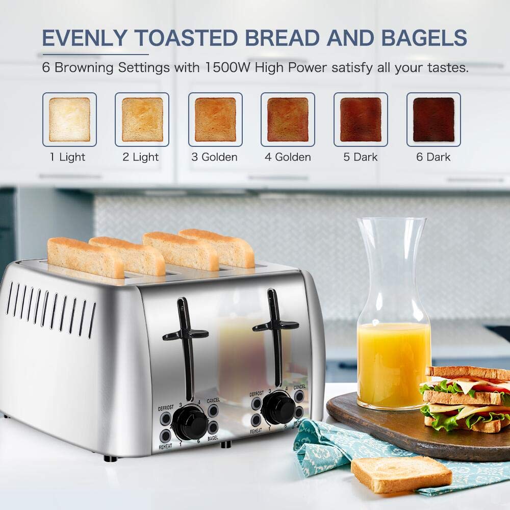 prepAmeal Toaster 4 Slice Stainless Steel Bagel Toaster Extra Wide Slots with 6 Browning Setting, Bagel/Reheat/Defrost/Cancel Function for Toasting Bread, Bagels and Waffles, 1500W, Silver