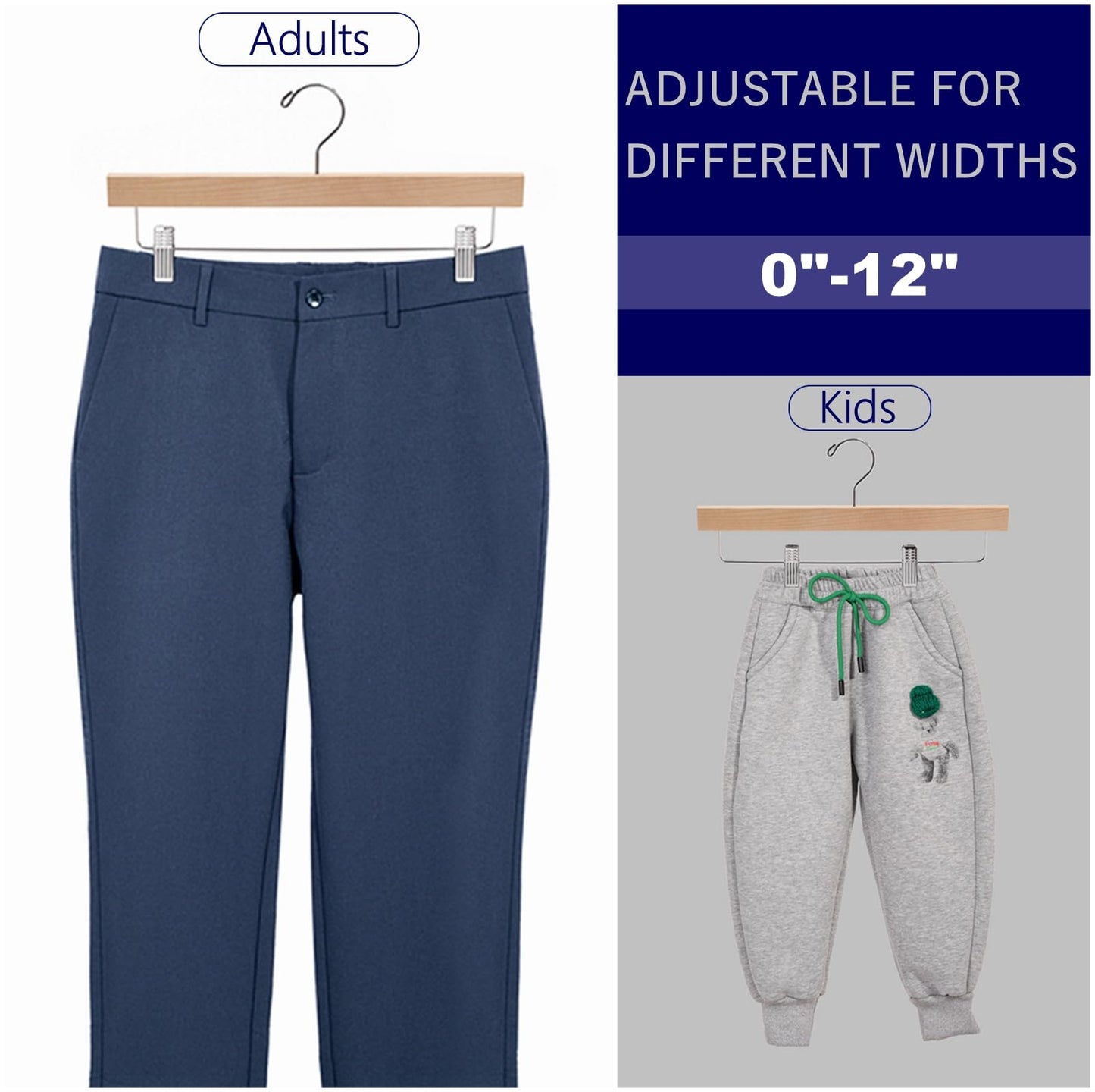Amber Home 24 Pack Wooden Pants Hangers with Clips, 14" Natural Wood Skirt & Trouser Hangers, Closet Hangers for Jeans, Slacks, Shorts, with 2-Adjustable Clips (Natural, 24)