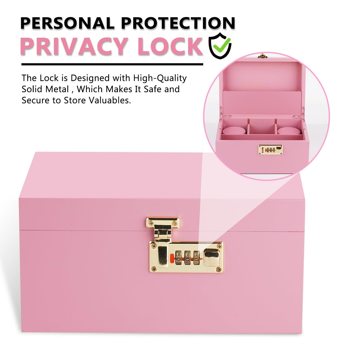 OZCHIN Large Bamboo Box with Combination Lock Decorative box for Home Great Gift Choice Storage Lockbox with Storage Jar, Gifts for Men Women (Pink, 10 x 6.9 x 5 inches)