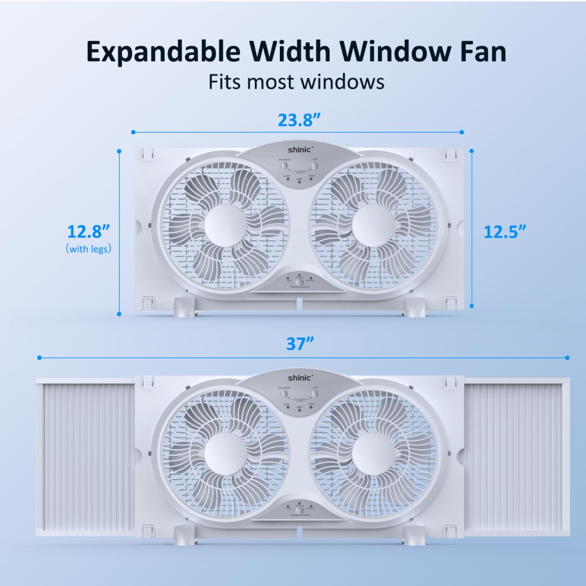 shinic Window Fan with Reversible Airflow, Twin 9" Blades, Full Remote Control, 3 Functions-3 Speeds, Bathroom Kitchen Window Exhaust Fan, Width Adjustable (From 23.8" to 37") ETL Certified