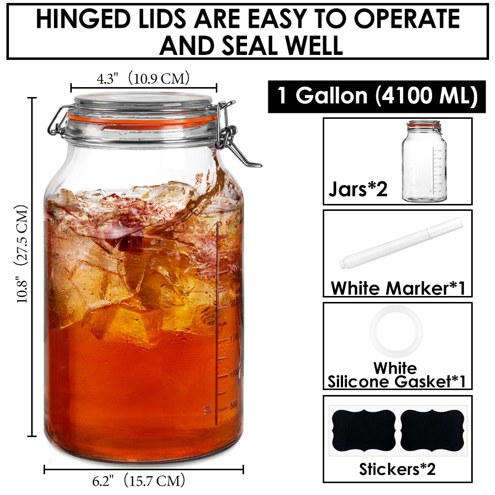 1 Gallon Glass Jars with Airtight Lid, Large Glass Storage Containers with Lids, 2 Pack Wide Mouth Mason Jars with Measurement Marks, Kitchen Pantry Storage for Flour, Sugar, 138oz, Dishwasher safe