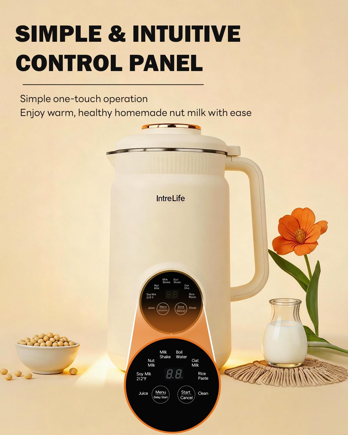 IntreLife 34 oz Nut Milk Maker Machine, 8 in 1 Soy Milk Maker with Nut Milk Bag, Plant Based Milk Maker for Almond, Oat, with Delay Start/Keep Warm/Self Cleaning, Cream