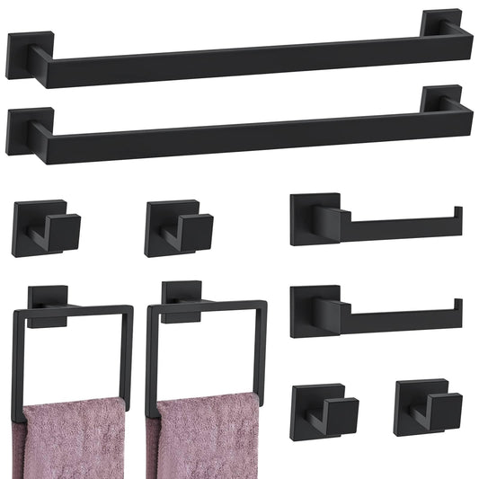 10-Piece Matte Black Bathroom Hardware Accessories Set Black Towel Bar Set Towel Holder Set Stainless Steel Wall-Mounted Towel Rack Set for Bathroom,23.6 Inch Towel Bar
