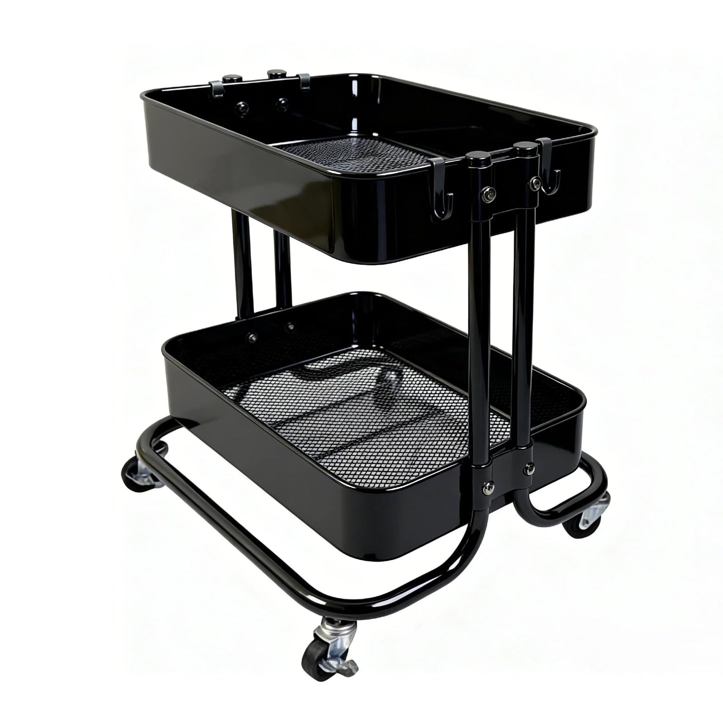 LiWNYRK 2 Tier Cart with Wheels Heavy Duty Metal Rolling Storage Cart for Under Desk Storage, Short Small Utility Shelf for Pantry Kitchen Bathroom Laundry, Home Organizer with Large Basket, Black