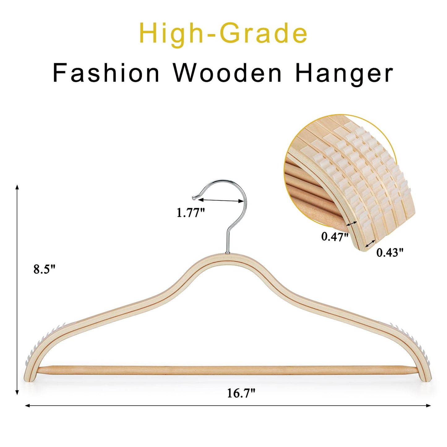 TOPIA HANGER Sleek Wooden Hangers with Non-Slip Rubber Grips, Sweater Hangers No Shoulder Bump, Lightweight Clothes Hangers for Women 20-Pack, 360° Swivel Hook and Pants Bar-CT63N20