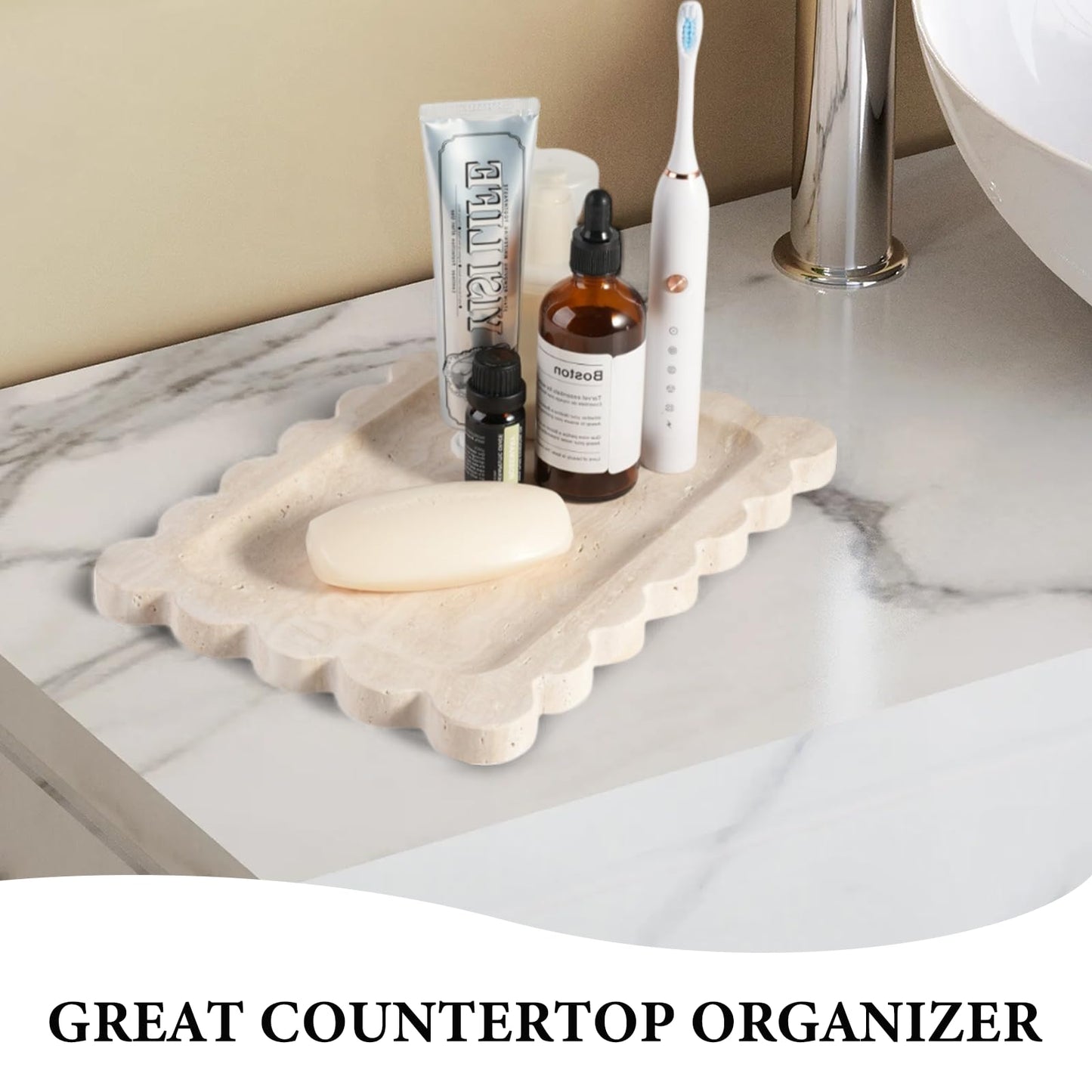 Koville Scalloped Marble Tray, 11"x8" Natural Marble Vanity Tray for Countertop Bathroom Kitchen Dresser, Natural Stone Tray for Jewelry Perfume Home Decor, Decorative Catchall Trays
