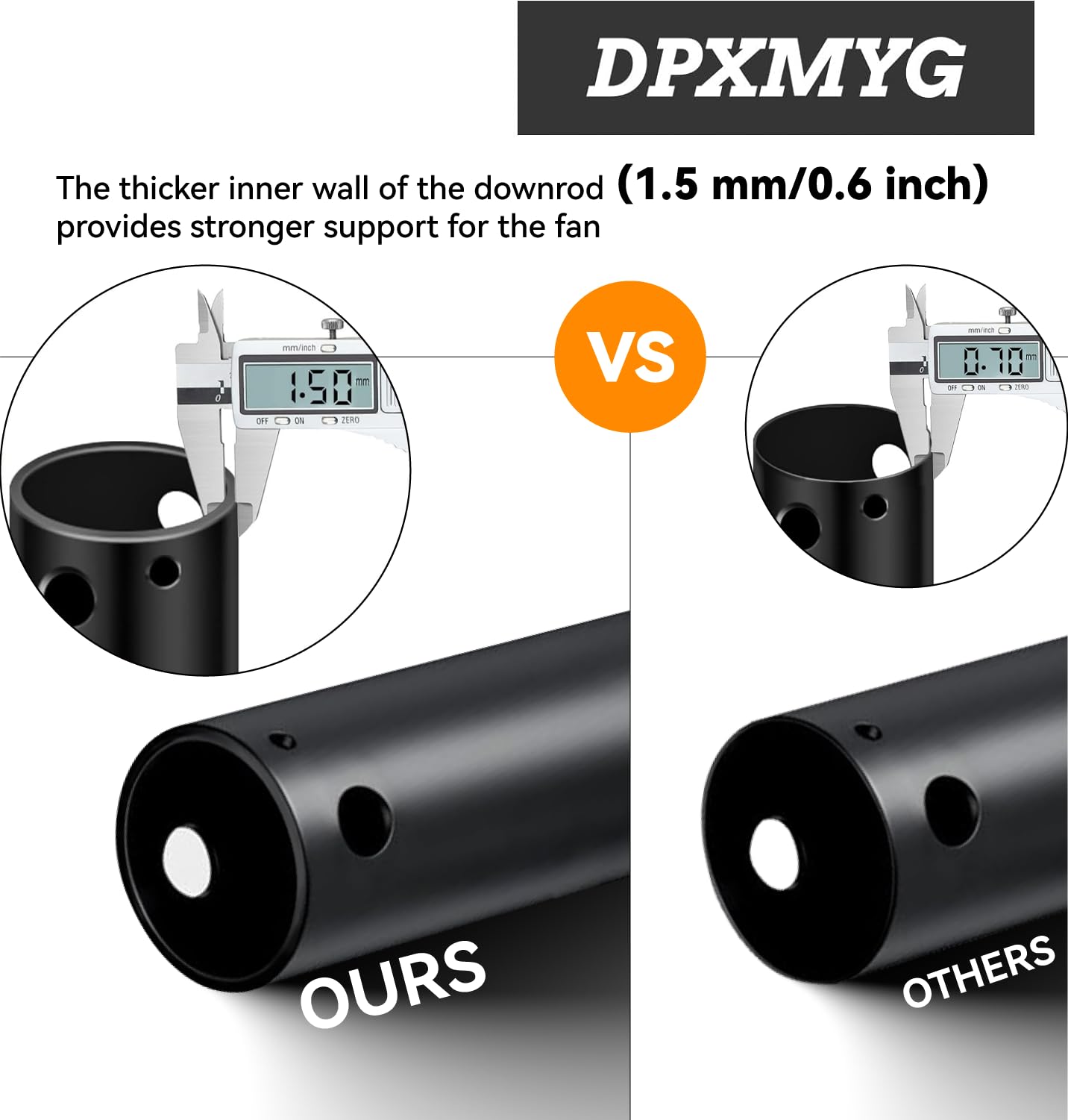 DPXMYG 48 inch Ceiling Fan Downrod, 4 FT Black Downrod for Ceiling Fan, 1 inch Outside Diameter, Boom Suitable for a Wide Range of Fans (Black, Not Threaded)