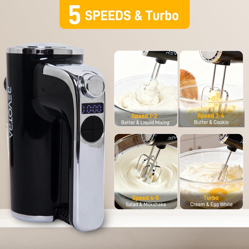 Hand Mixer Electric, Handheld Mixer with LCD Display and Storage Base, 5 Speeds & Turbo, Kitchen Mixer Electric Handheld for Eggs, Cream, Dough, Baking