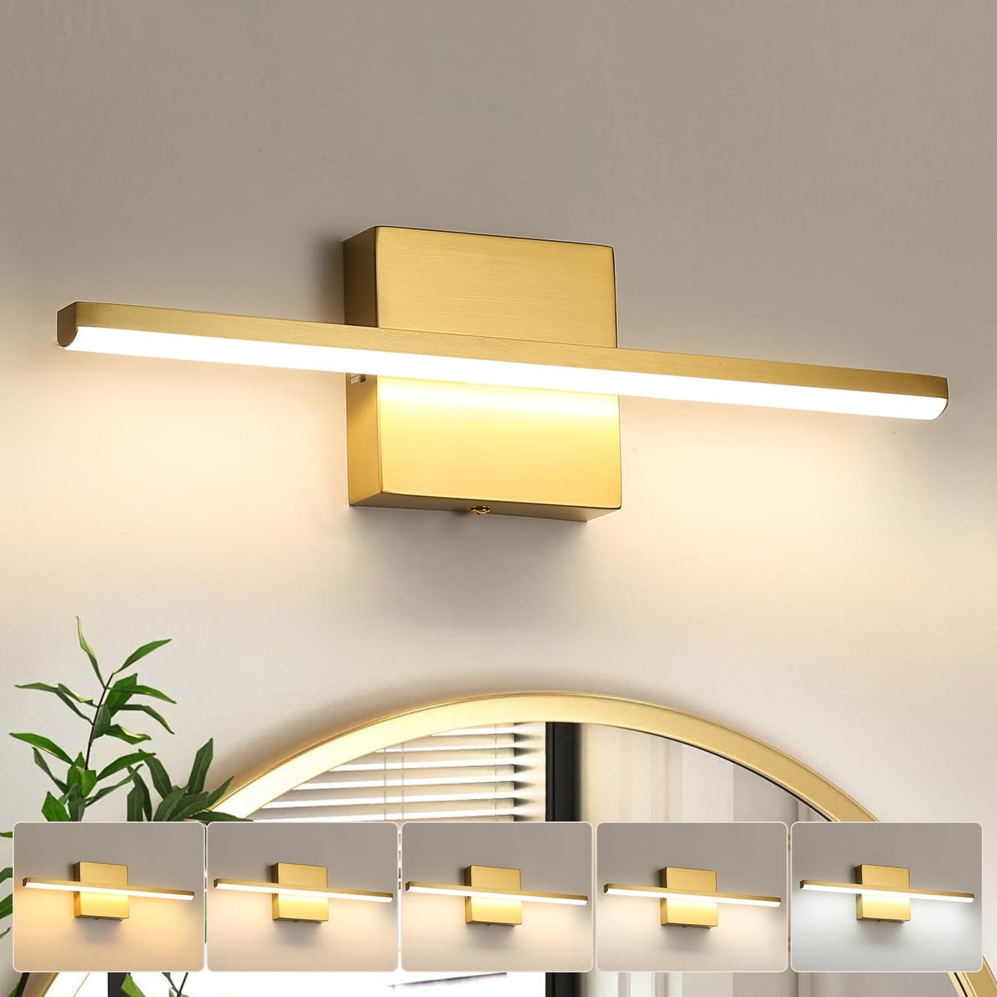 fengkiop Brushed Gold Vanity Light 16 Inch Modern Bathroom Light Fixtures 14W Wall Vanity Lamp Over Mirror, Dimmable 5CCT LED Wall Sconce for Bedroom Cabinets UL Certificated
