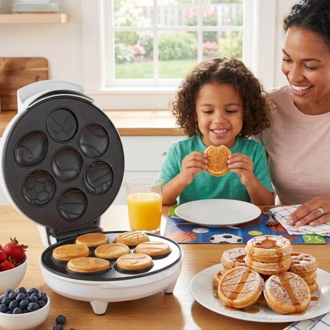 Sports Waffle Maker- Make Breakfast a Slam Dunk- Bakes 7 Themed Pancakes Including Football, Baseball, Basketball, Soccer, Tennis & More- Electric Nonstick Waffler w Recipes- Kids Team or Coach Gift