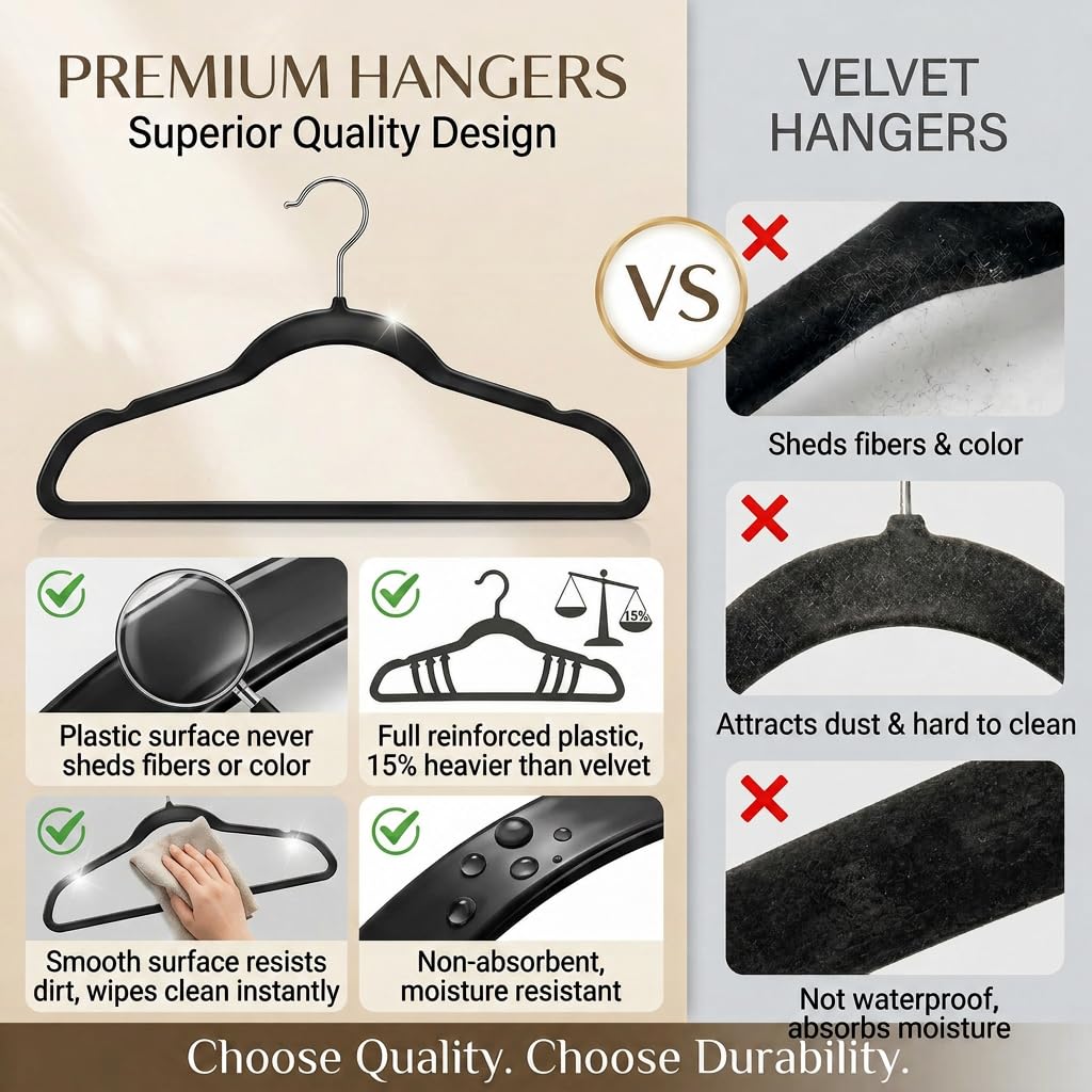 SMARTOR Plastic Hangers 50 Pack, Heavy Duty Plastic Hangers for Clothes - Non-Velvet Slim Hangers with 360° Swivel Hook & Clothes Thin Hanger - Durable Coat Hangars, Space Saving Hanger - Black