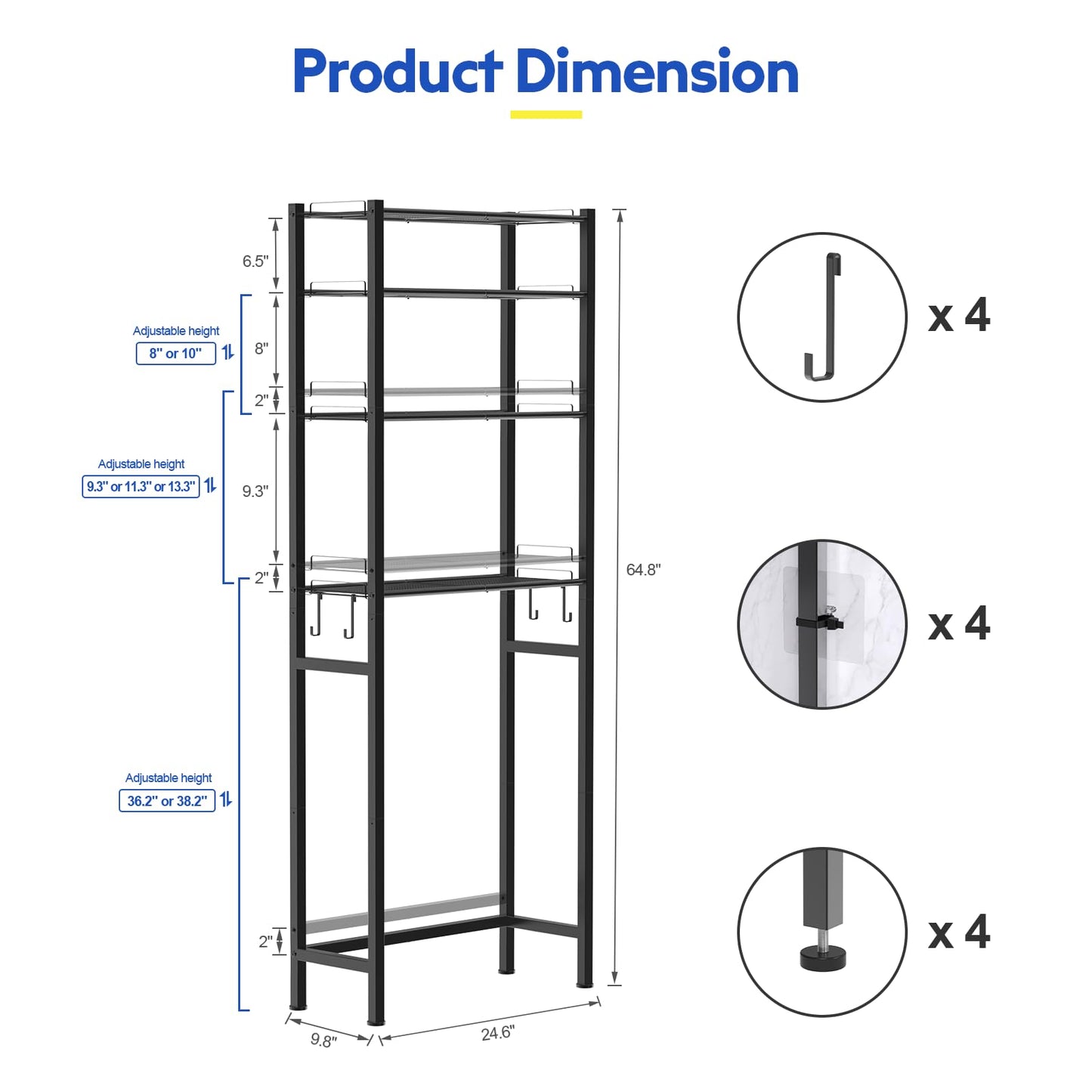 samstar 4 Tier Over The Toilet Storage Rack, Bathroom Organizer Shelves Cabinet Above Toilet, with Adjustable Height Freestanding Shelf Space Saver, Black