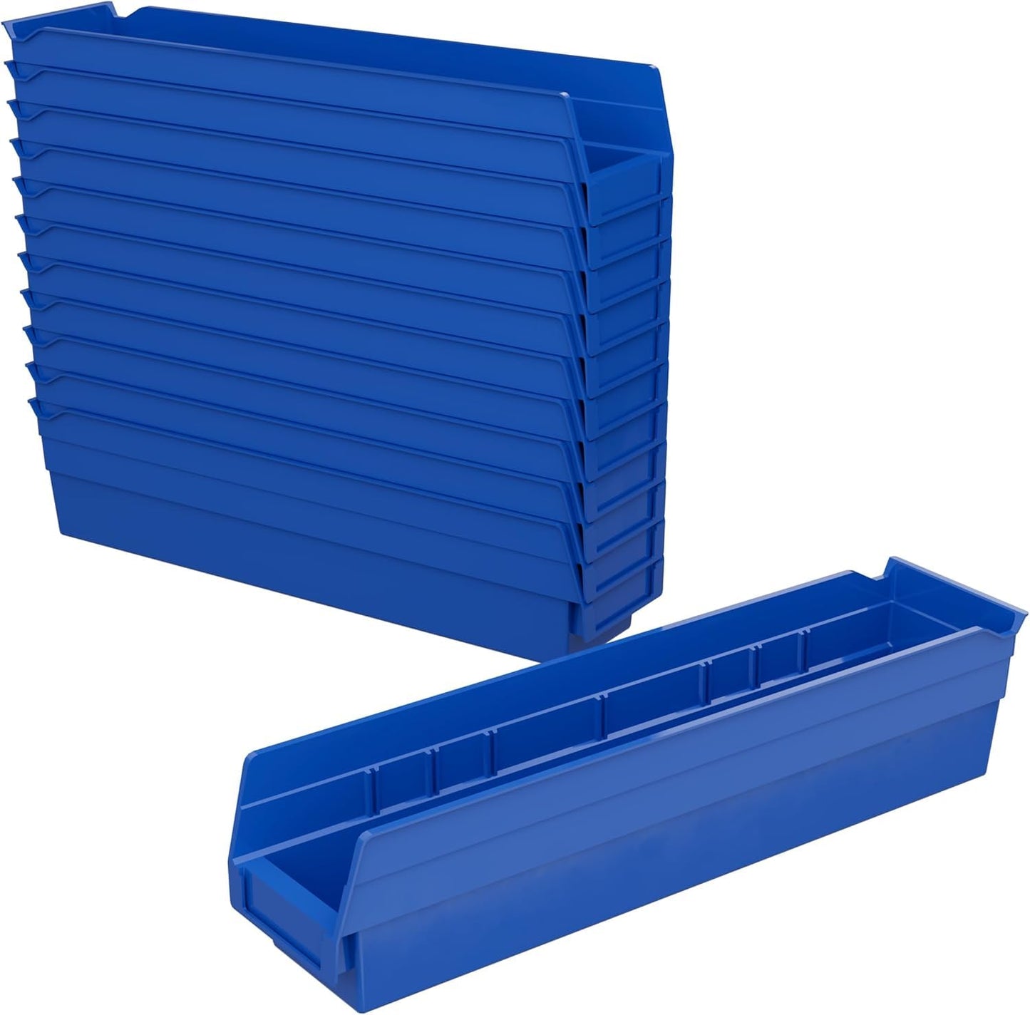 Akro-Mils 30128 Plastic Shelf Bins, Heavy Duty Storage Bins for Garage, Closet, and Drawer Organization, 18 x 4 x 4 inches, Blue, 12-Pack