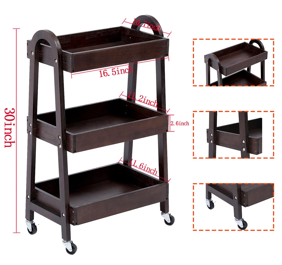 Kersiki 3-Tier Wooden Rolling Cart- Wooden Utility Cart wit Wheels- Utility Rolling Cart-Storage Trolley Organizer- Rolling Kitchen Cart Serving Cart for Office,Kitchen, Kids' Room (Walnut Color)