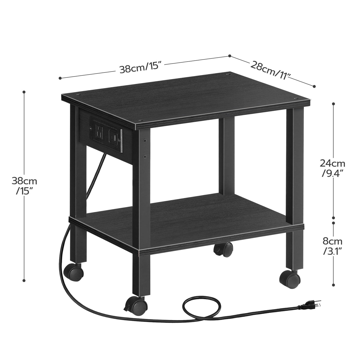HOOBRO 2-Tier Printer Stand with Charging Station, Under Desk Printer Table, Printer Cart with Storage Shelves, Shelf for Small Spaces, for Home Office, Black BK38UPS01