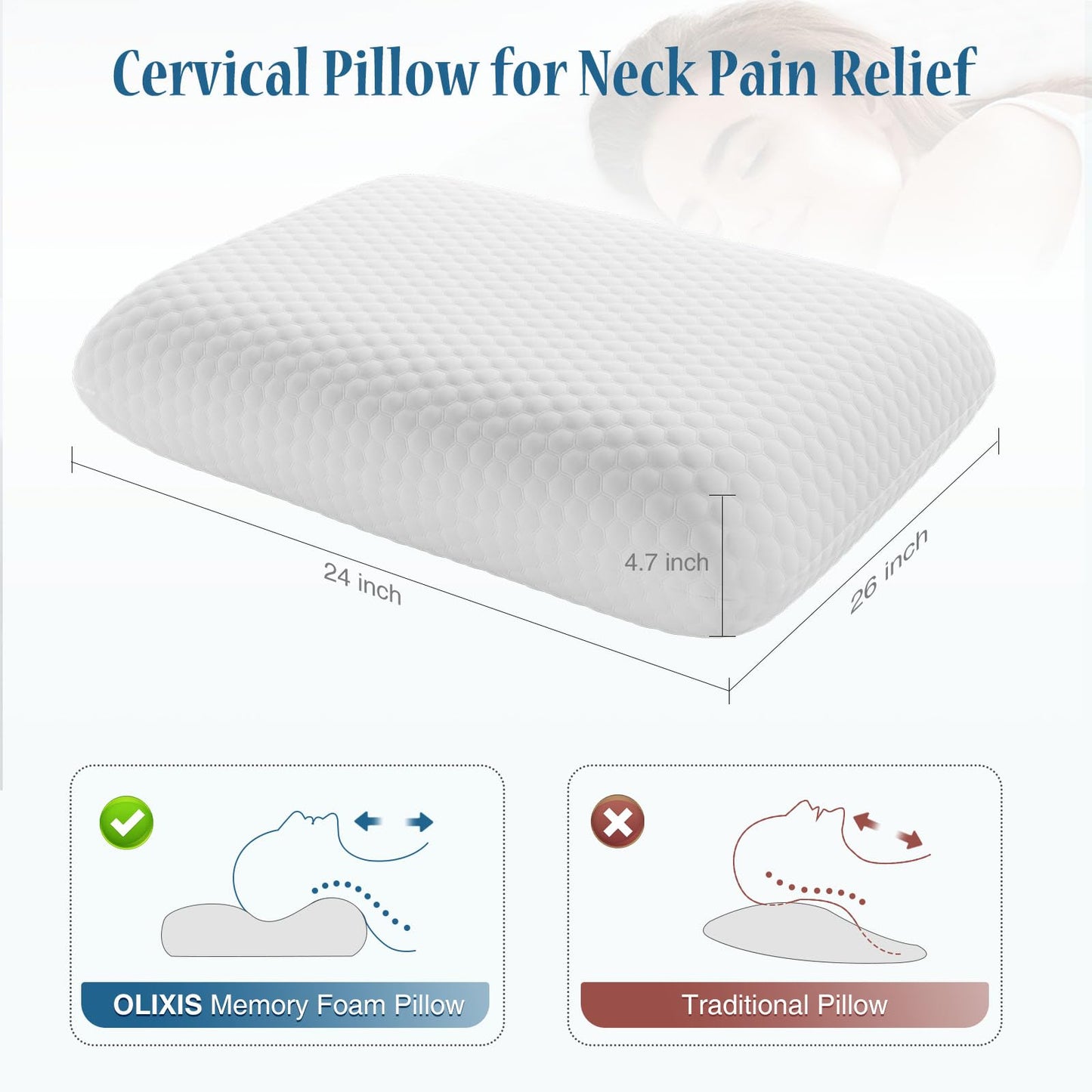 OLIXIS Memory Foam Pillow for Sleeping, 2 Pack Queen Bed Pillows, Pressure Relieving Cervical Support, Adjustable Loft, Removable Washable Cover, Gel Cooling Mesh, for Back Side Stomach Sleepers,White