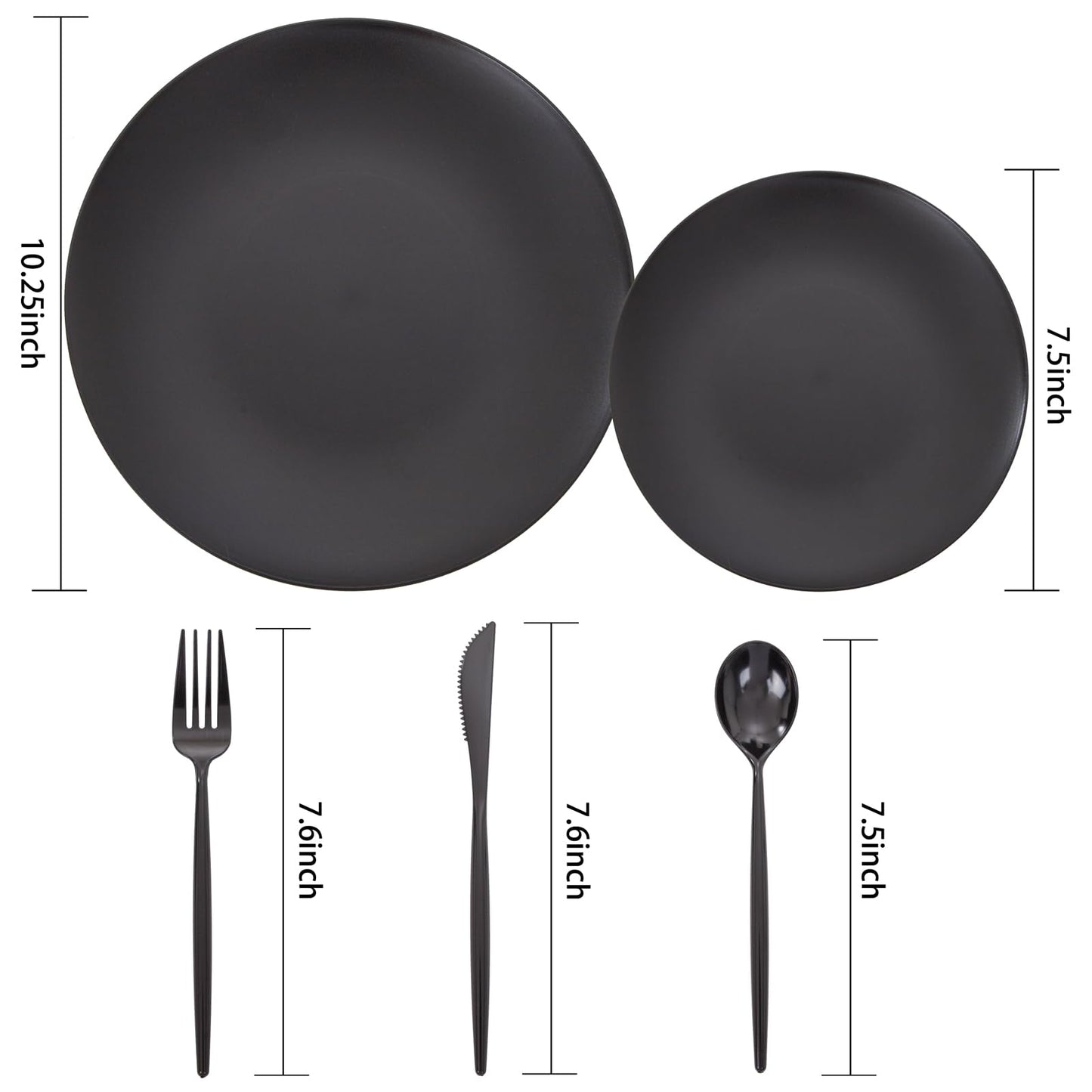 EI 150pcs Black Plastic Plates Frosted Plastic Plate,Premium Heavy Duty Black Plastic Plates,Black Disposable Plates with Plastic Silverware,10.25" Dinner Plates and 7.5" Dessert Plate Wedding Party