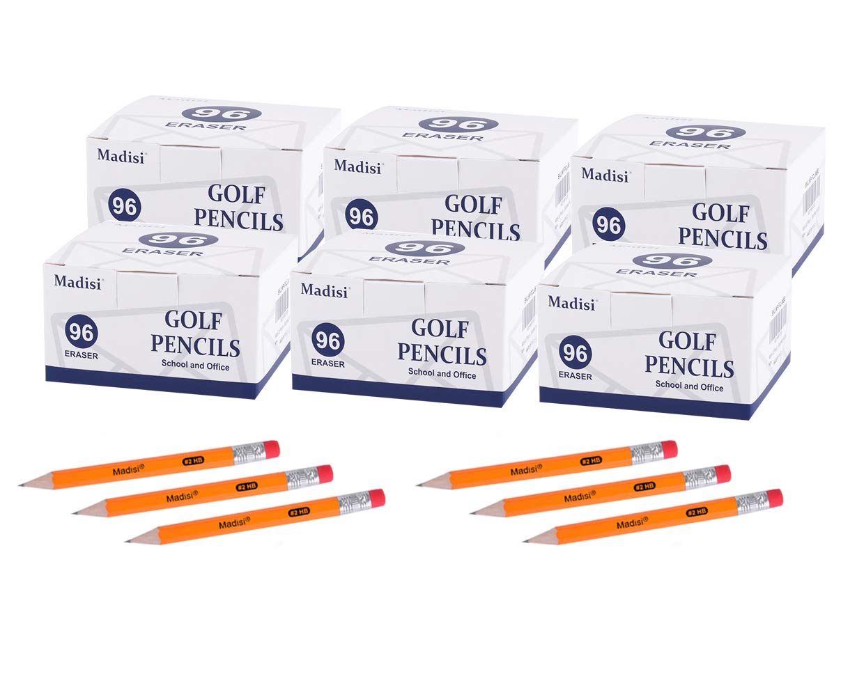 Madisi Golf Pencils with Eraser, #2 HB Half Pencils, 3.5" Mini Pencils, Pre-Sharpened, 6 Boxes, 576 Count