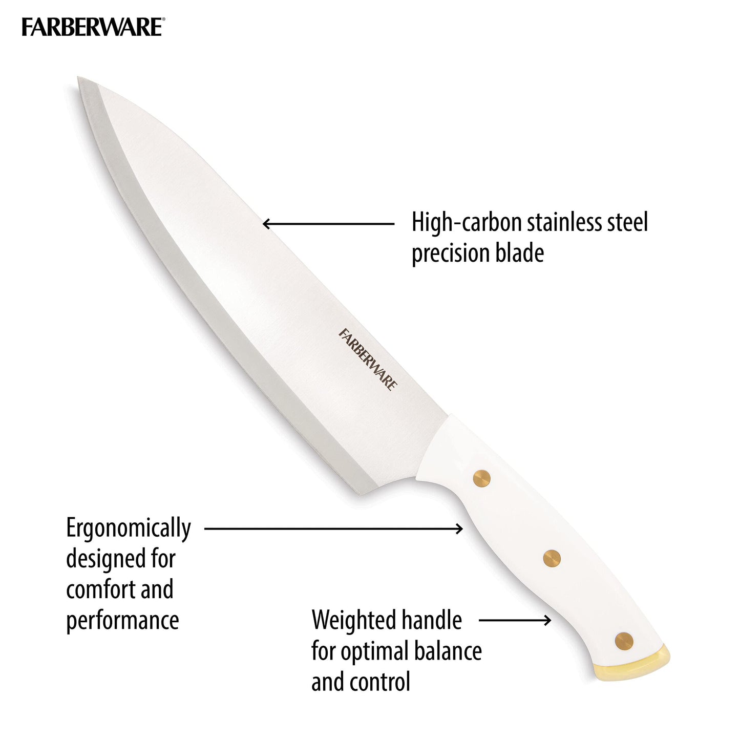 FARBERWARE 15-Piece Knife Block Set, Triple-Riveted High-Carbon Stainless Steel Kitchen Knives, Razor Sharp Blades, Wood Storage Block, White/gold