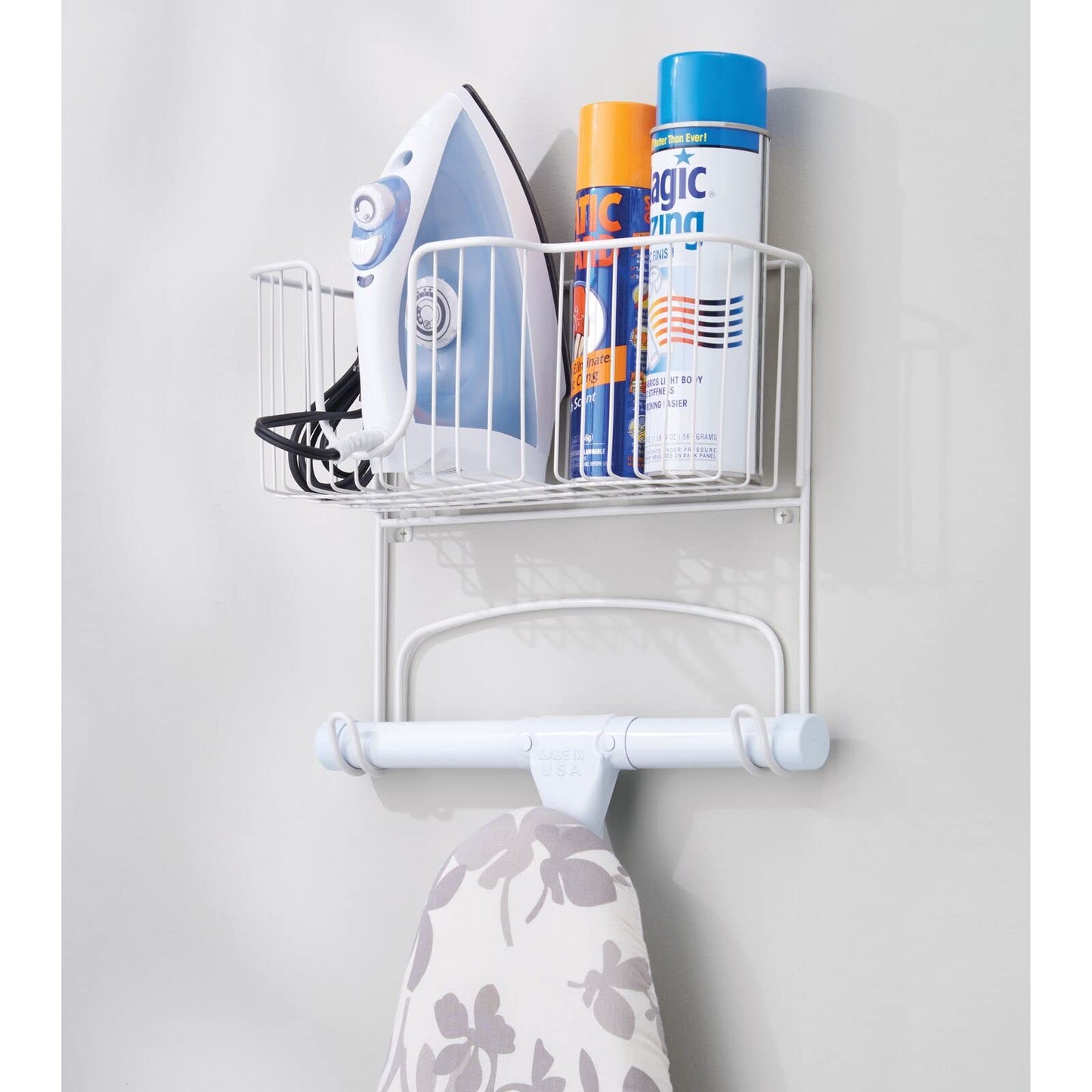 mDesign Wall Mounted Ironing Board Holder - Steel Ironing Board Rack for Easy Organisation - includes Basket for Iron Storage - White