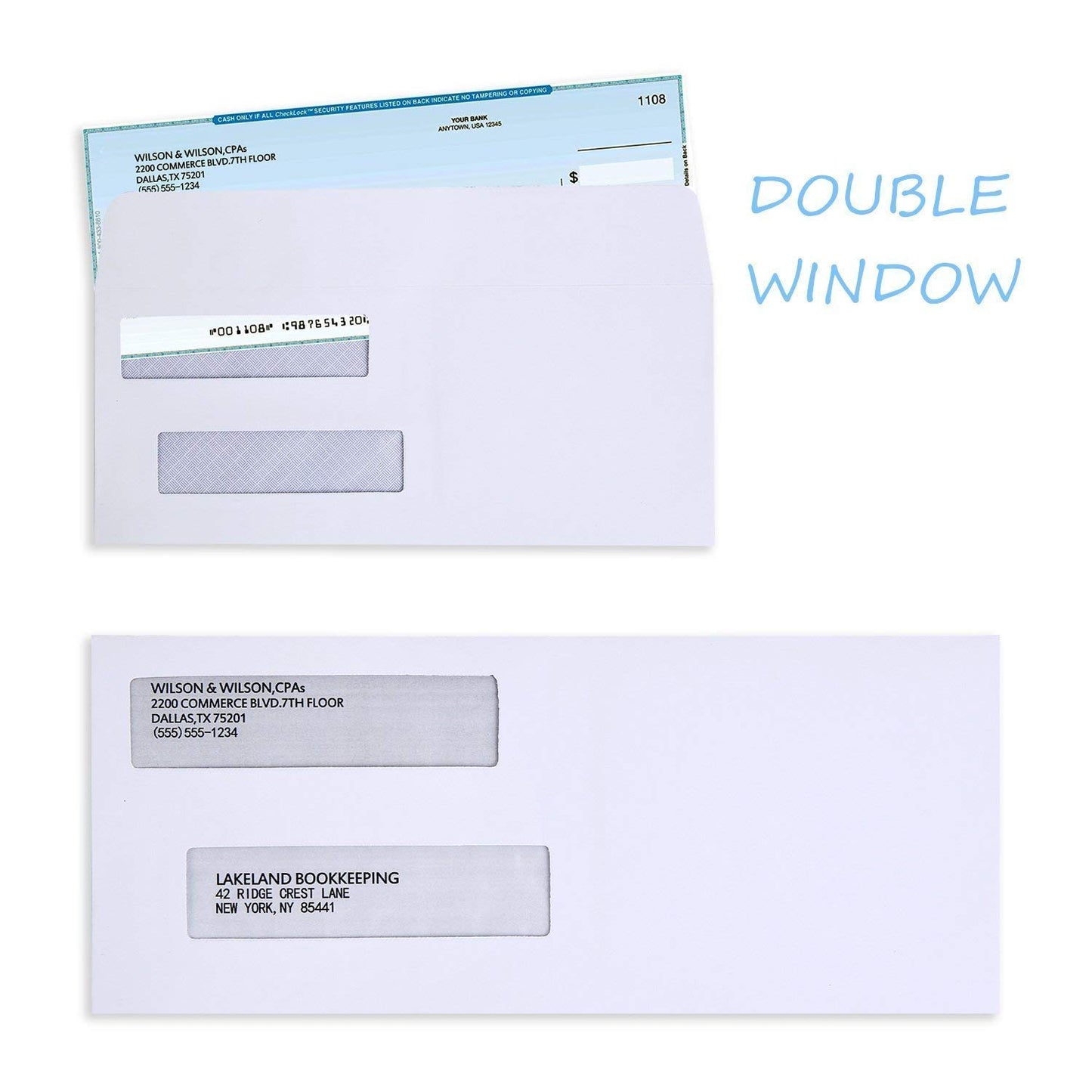 Ohuhu 500 Pack #8 Double Window Envelope SELF SEAL Adhesive Tinted Security Envelopes Quickbooks Check, Business Check, Documents Secure Mailing, 3 5/8" x 8 11/16", White Envelope