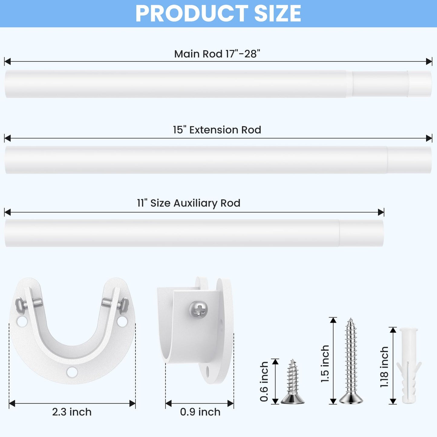 Ruiony 2 Pack Closet Rods for Hanging Clothes, 17 to 84 Inch Heavy Duty Stepless Adjustable Closet Hanging Rod, 1.3 Inch Diameter Metal Closet Rod for Wardrobes Laundry Bedroom RV, White