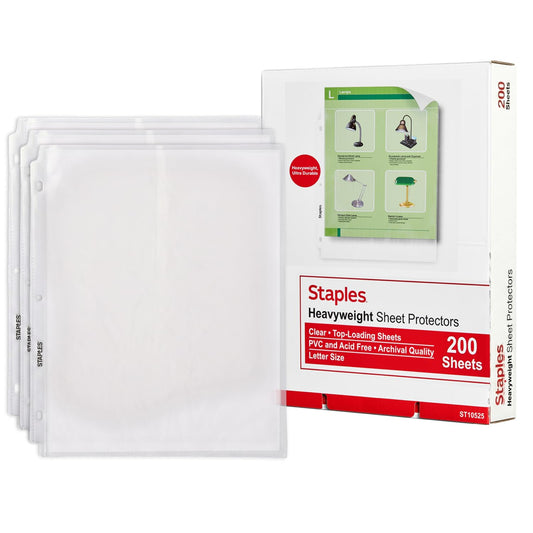 Staples Heavyweight Sheet Protectors, 8.5" x 11" – Clear 3-Hole Punched Page Protectors, Archival Safe, 200-Pack
