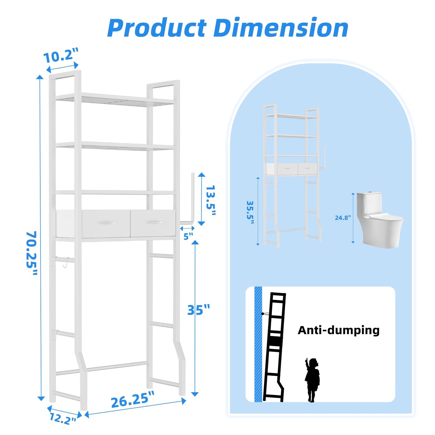 Simple Trending 4 Tier Over The Toilet Storage with Drawers, Heavy Duty Bathroom Stand Organizer Metal Shelves for Laundry, White