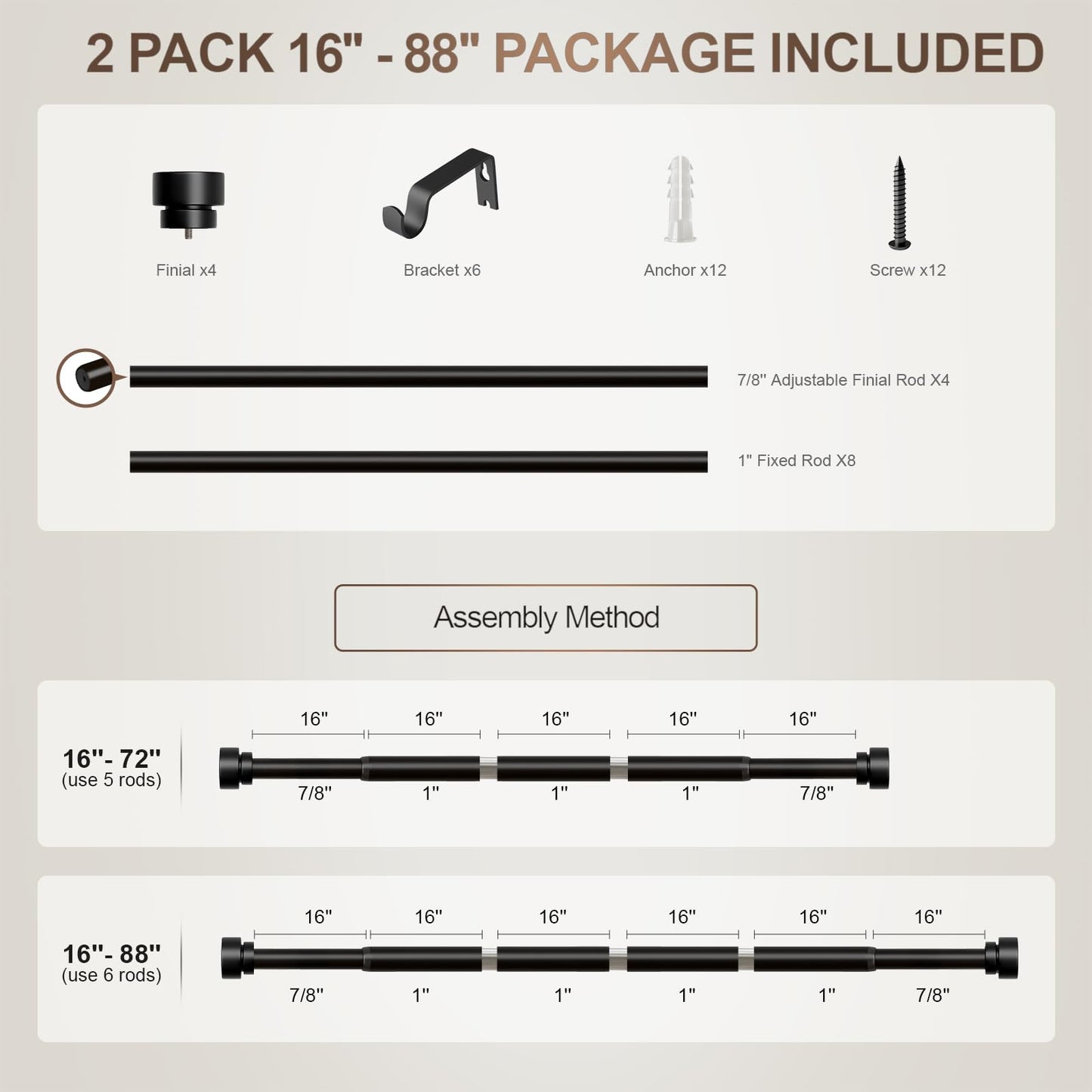 Lootkell Modern Black Curtain Rods Set, 48-84 Inches Adjustable, Heavy Duty 1 Inch Diameter, Decorative Finials, 2 Pack, for Windows, Outdoor, Farmhouse, Bedroom, Kitchen, Living Room