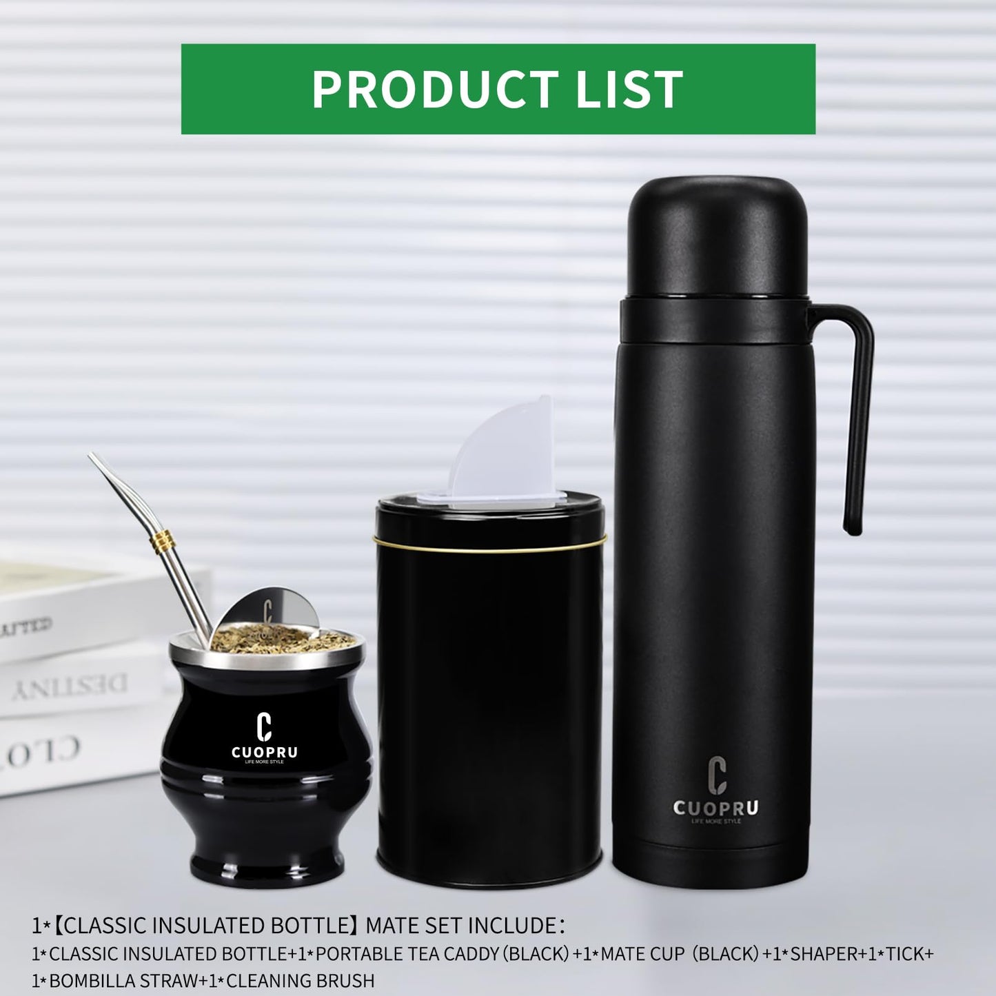 Cuopru Premium Stainless Steel Yerba Mate Kit, Gourd, 33.8oz Insulated Bottle, Container, Bombilla, Cleaning Brush, Tea Filter Set, Matte Black