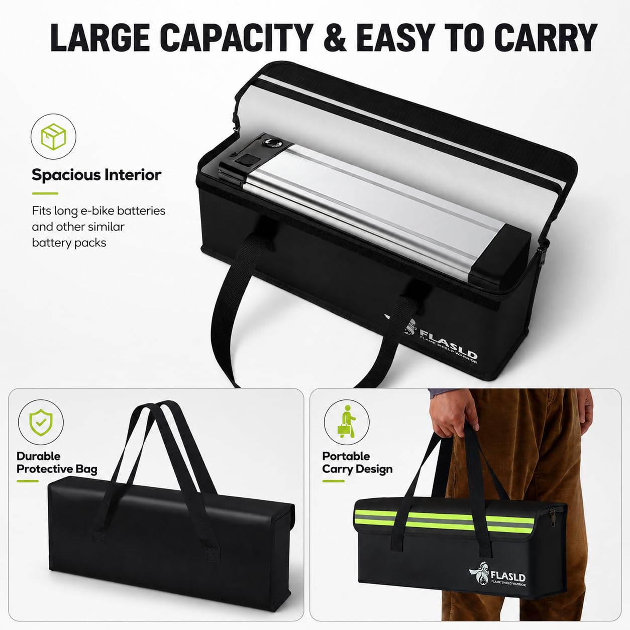 FLASLD 2-Pack E-Bike Battery Bag Fireproof Safe Charging Bag Explosionproof Lipo Battery Bag Large Capatity for Storage Charging (16 x 4.3 x 5in)