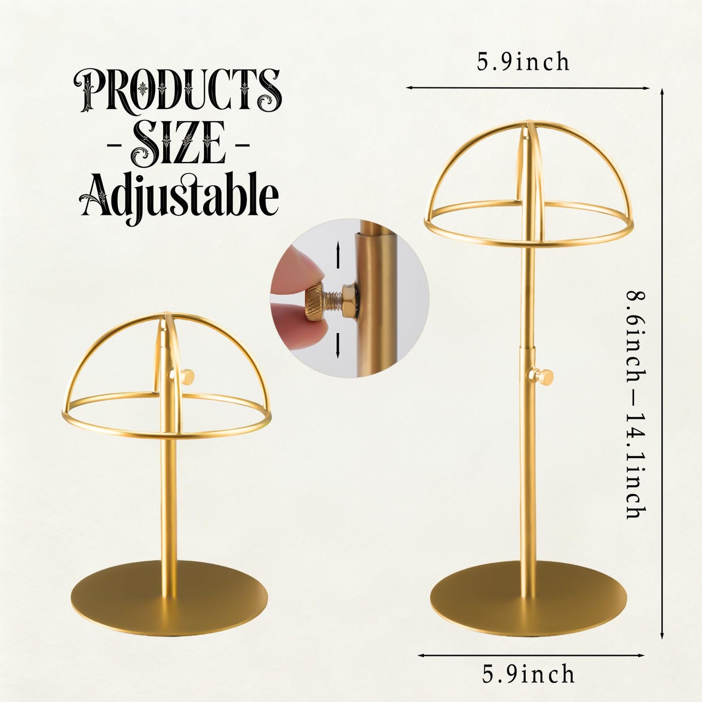 MCKECHSION Hat Display Stand 2PCS Stainless Steel Brushed Nickel Titanium Hat Stand Metal Golden Adjustable Height Cap Rack Showcase Fingerprint Resistant for Home Boutique Retail Store